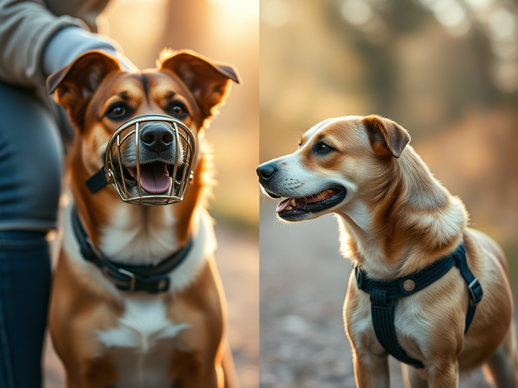 Perro con bozal y perro con arnés antitirones