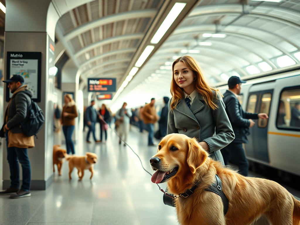 Chica viajando con su perro en metro